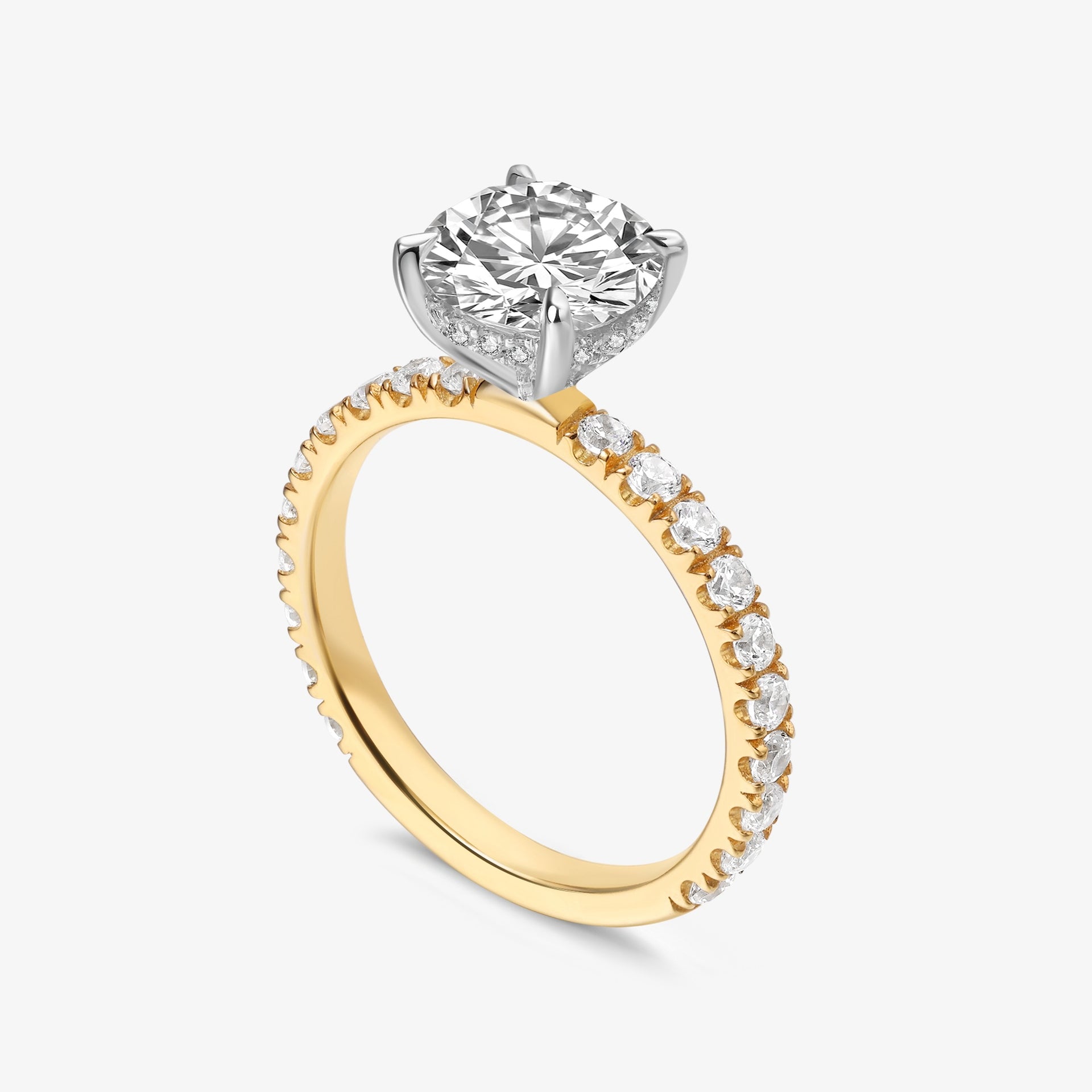 Beloved Round Brilliant Diamond with Pavé Diamond Band and Hidden Halo in 18k Gold